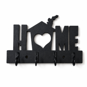 Black wooden HOME key hanger with heart cutout and 4 metal hooks
